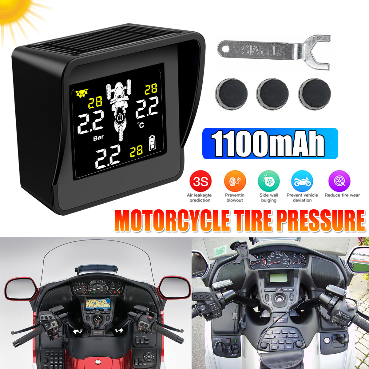 Chocolate Solar Waterproof TPMS Tricycle Motorcycle Real Time Tire Pressure Monitoring System Wireless LCD Display External/Internal Sensors