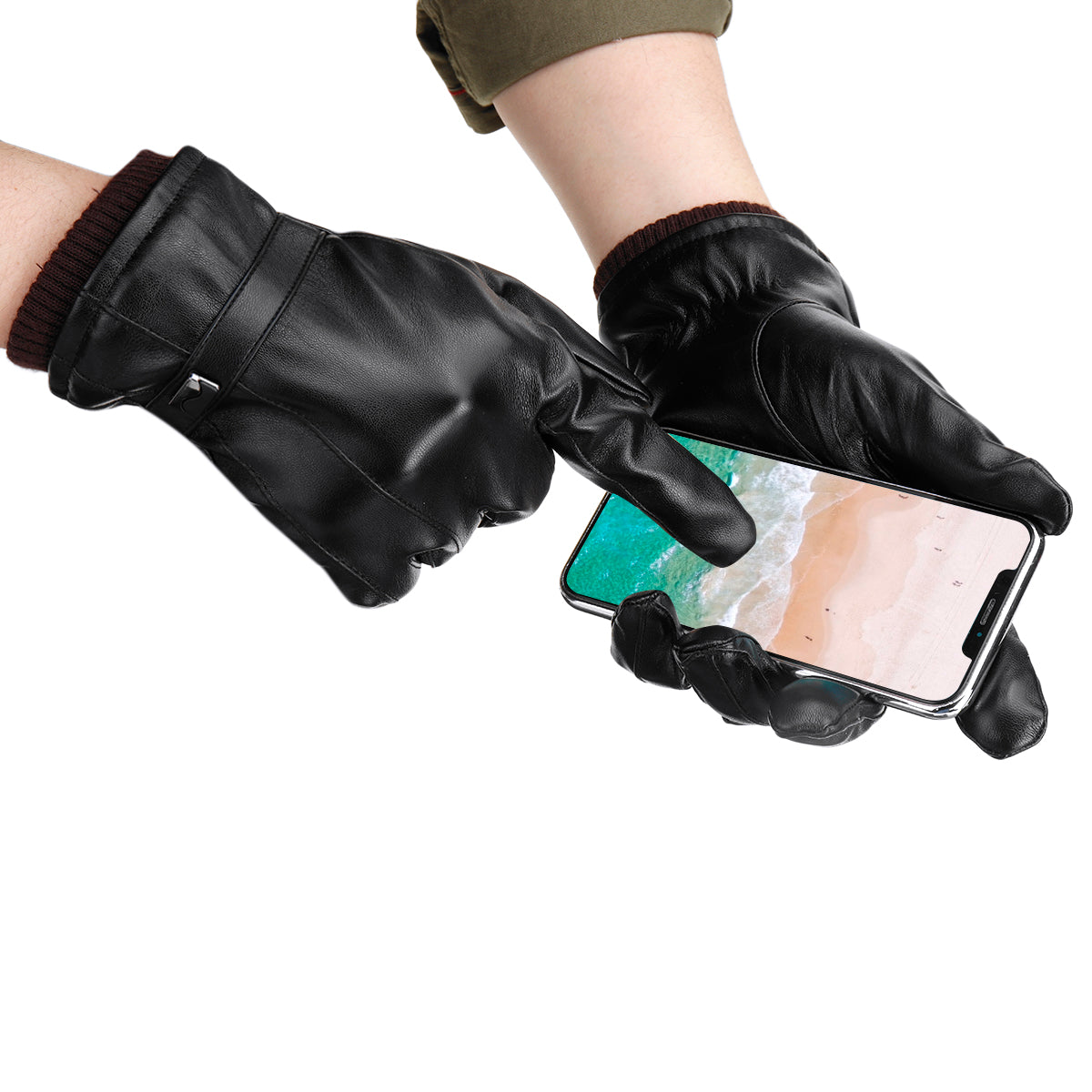 Light Sea Green Mens Touch Screen Gloves PU Leather Winter Warm Waterproof Fleece Lined Thermal