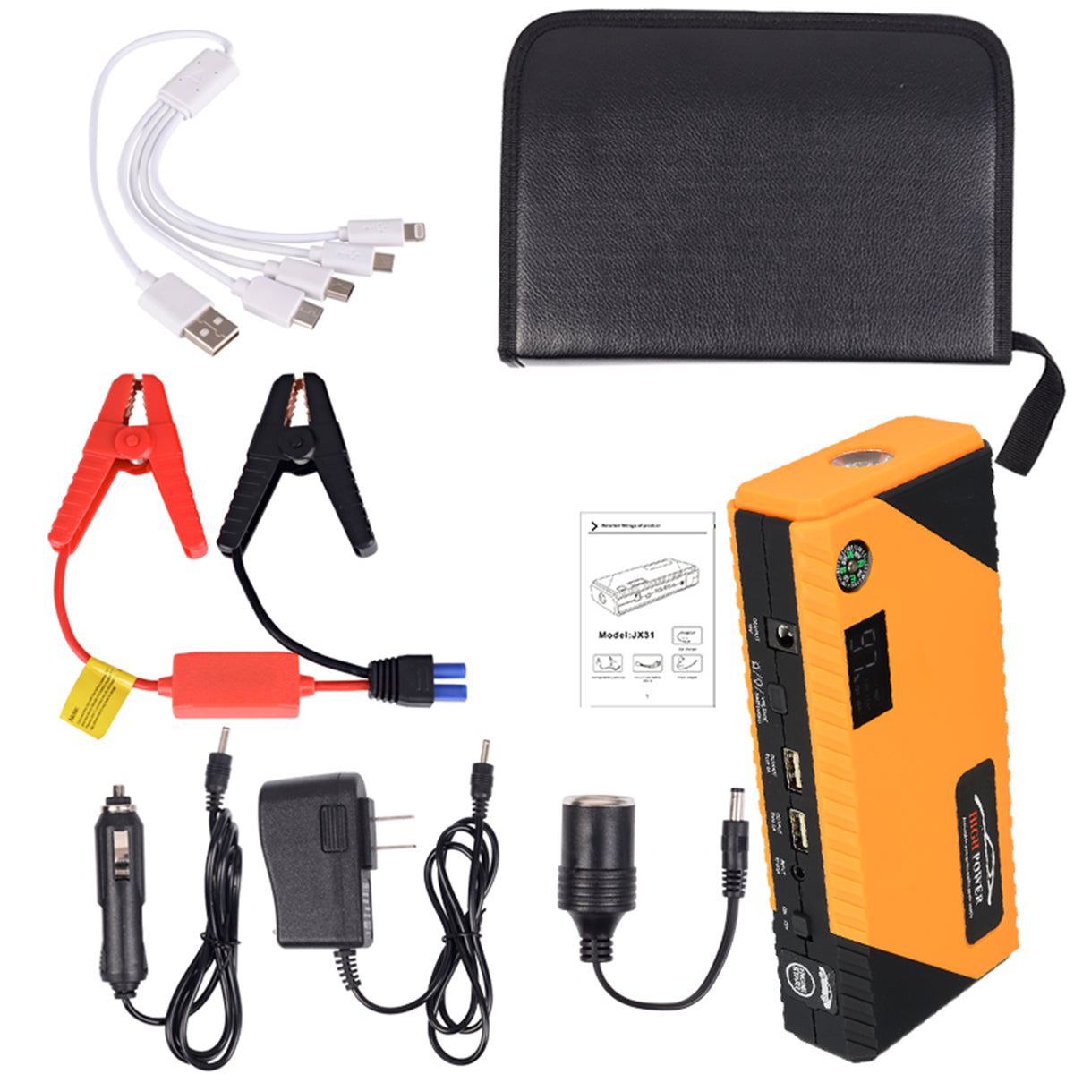 Sandy Brown JX31 Display 98600mAh 12V Car Jump Starter Portable USB Emergency Power Bank Battery Booster Clamp 1000A DC Port Yellow