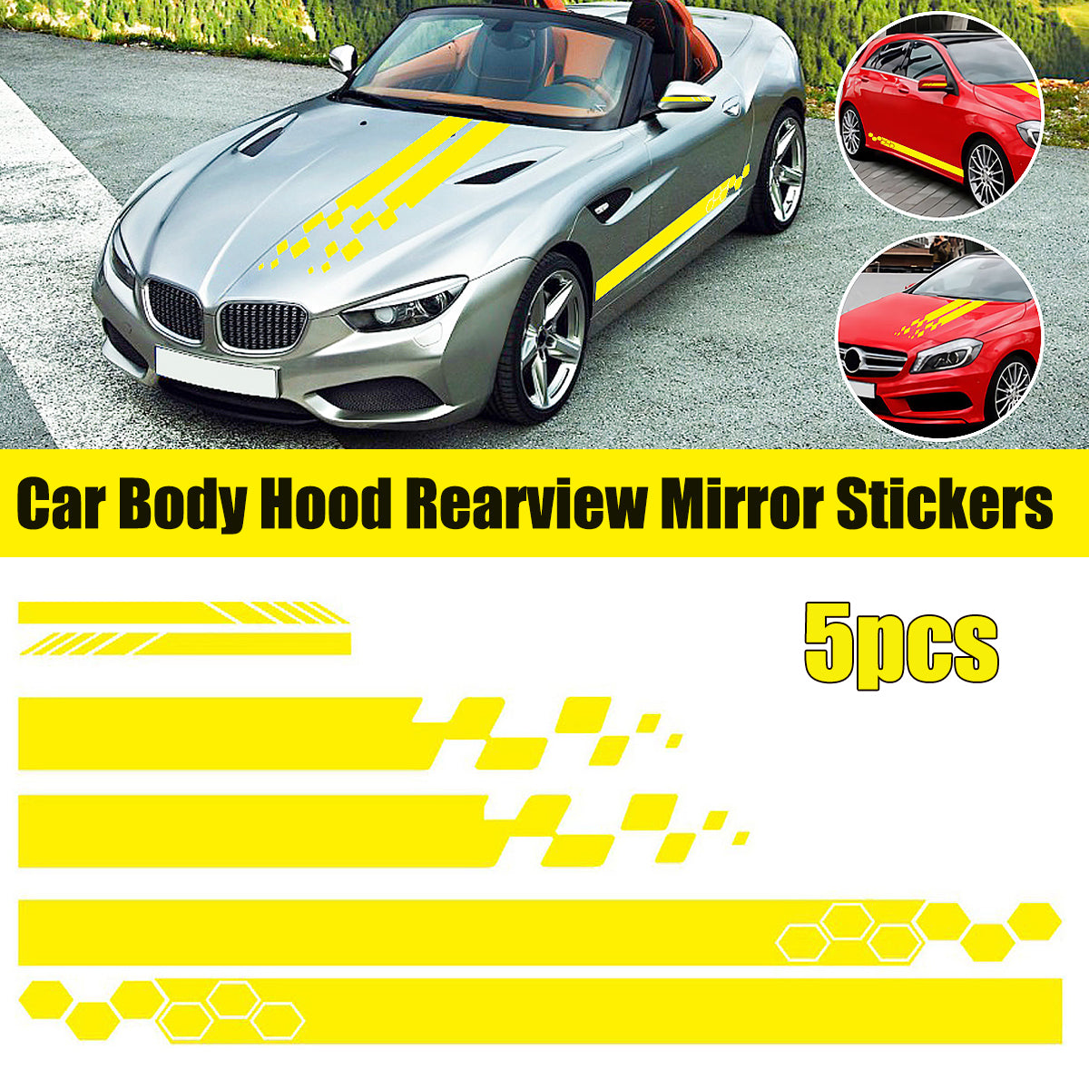 Yellow 5pcs Universal Car Side Body Stripe Sticker DIY Decal Trim Hood Rear View Mirror