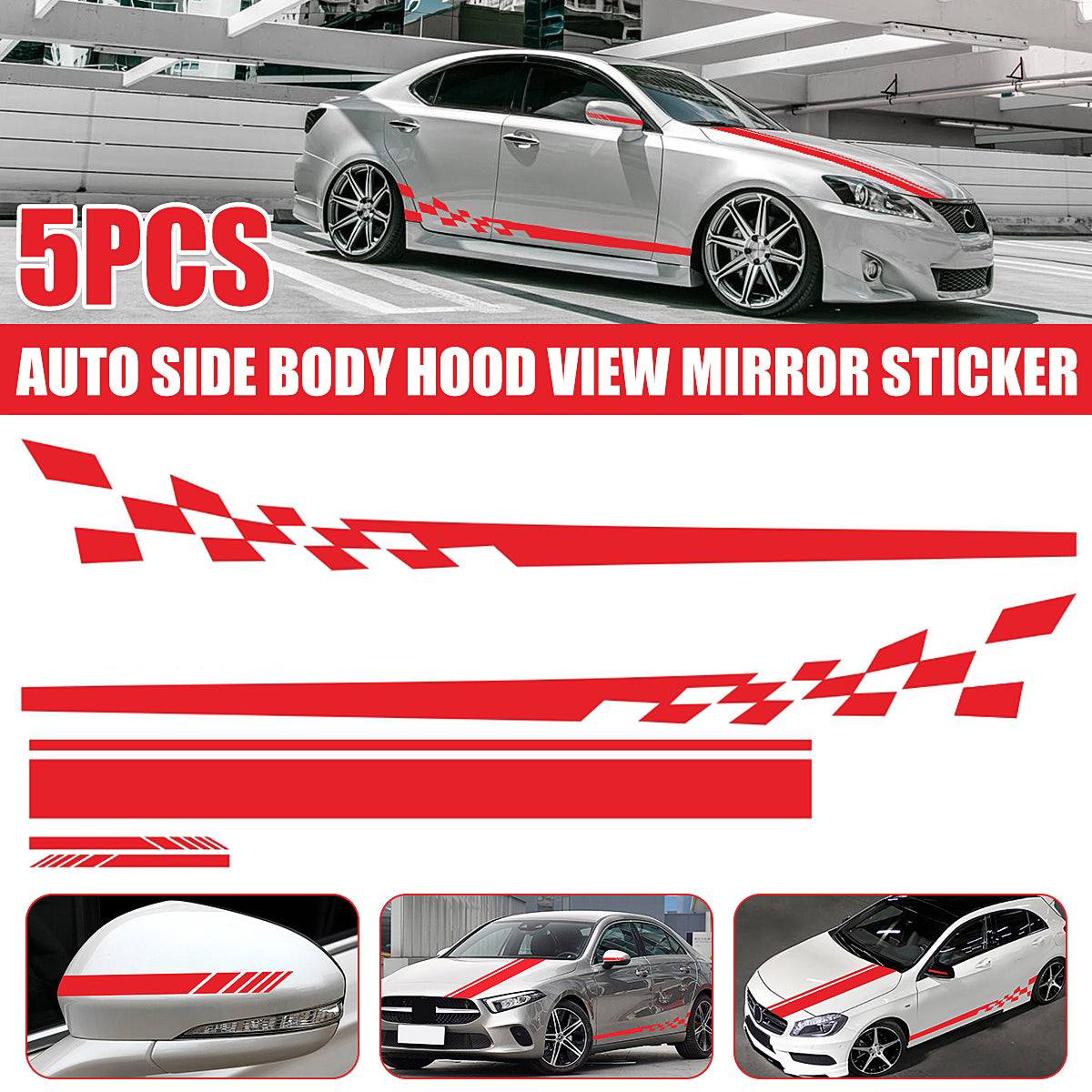 Firebrick 5pcs Car Stickers Stripes Graphics Side Body Hood Rearview Mirror Decal Trim