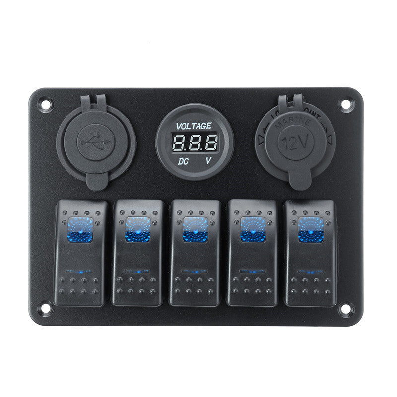 Dark Slate Gray 5 Gang On-Off Blue LED Toggle Switch Panel Voltmeter Dual USB Car Boat Marine