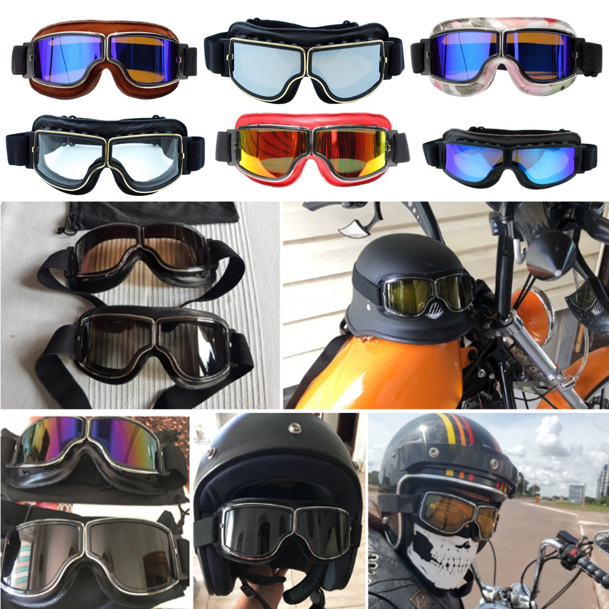 Coral Vintage Goggles Motorcycle Leather Goggles Glasses Cruiser Folding Helmet Eyewear