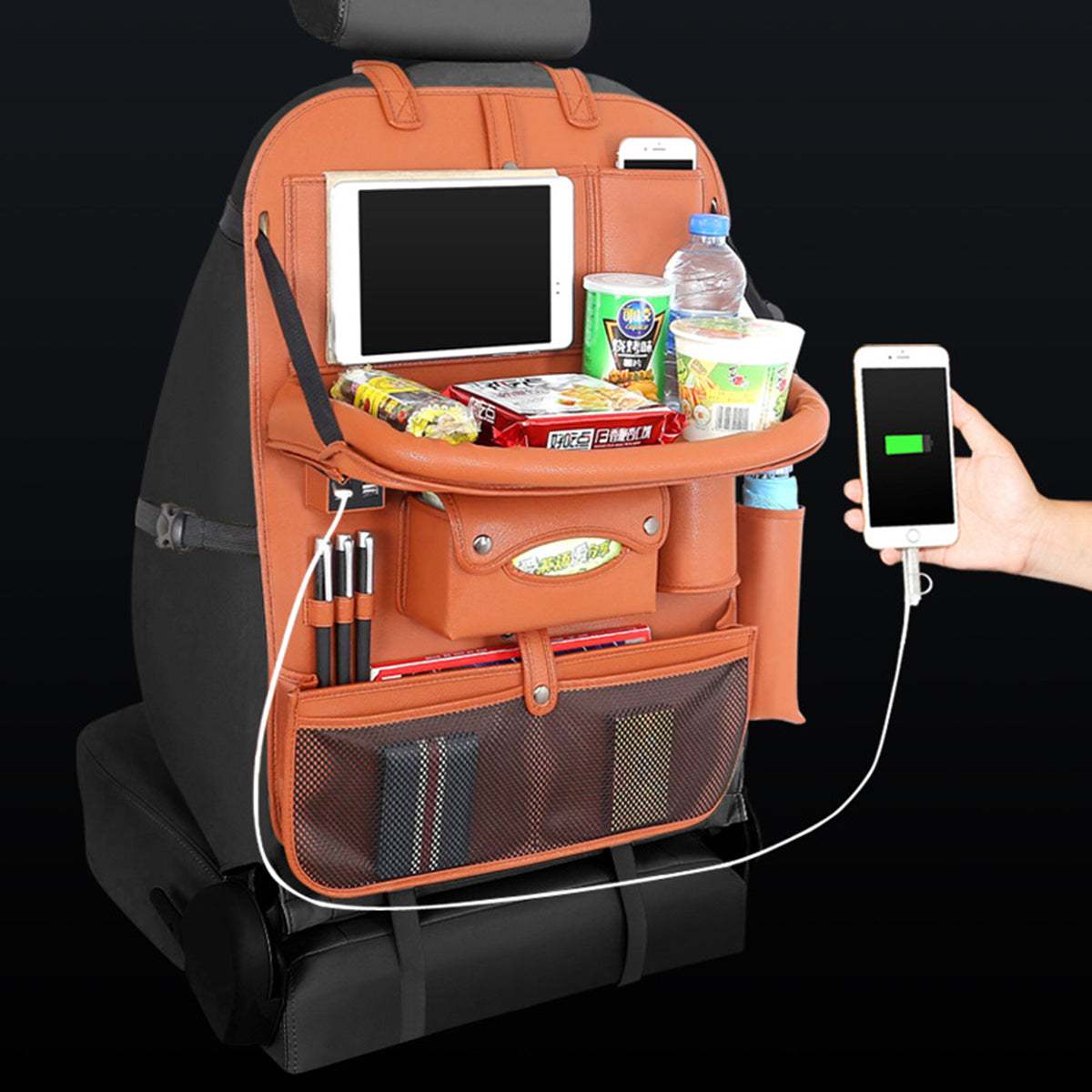 PU Leather Back Organiser Storage Bag Foldable Tidy Tray Holder Black Car Seat - Auto GoShop