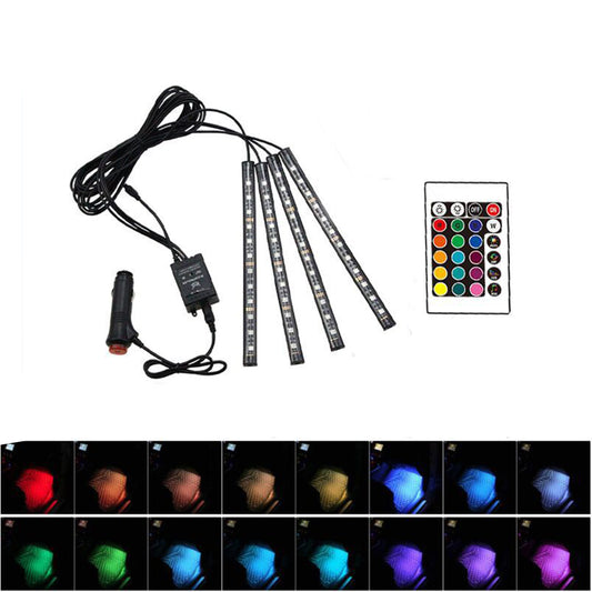White Smoke 4PCS 16 Color LED Car Floor Decoration Lights Strips Sound Control Atmosphere Lamp with Remote Control 12V Car Lighter Type