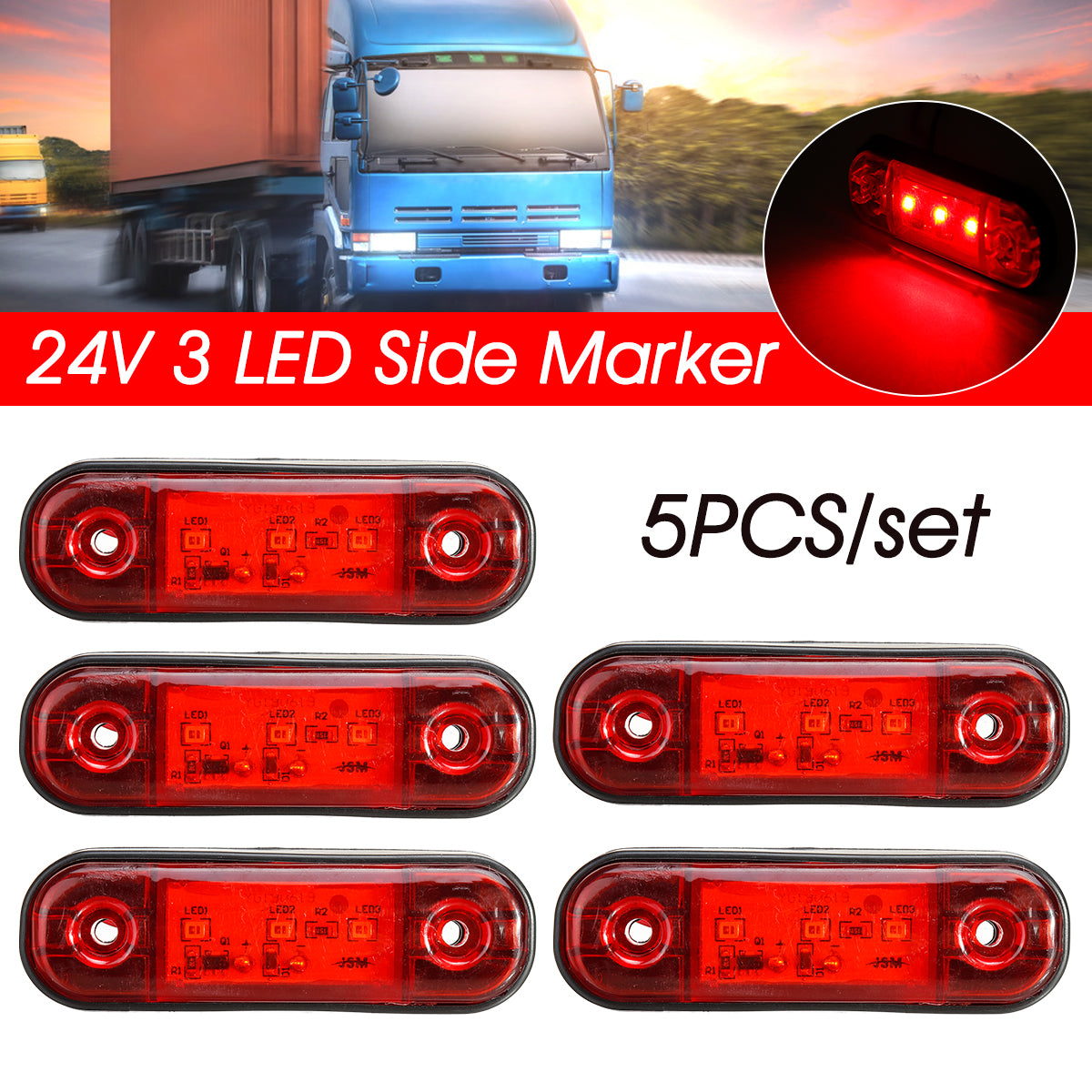 Red 5PCS 12V-24V 3 LED Side Marker Indicator Light Waterproof for Trailer Truck Bus Lorry Van