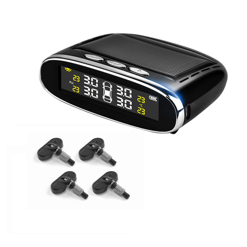 Black Solar Tire Pressure Monitor System TPMS Real-time Voice Prompts Tyre Tester with 4 External/ Internal Sensors