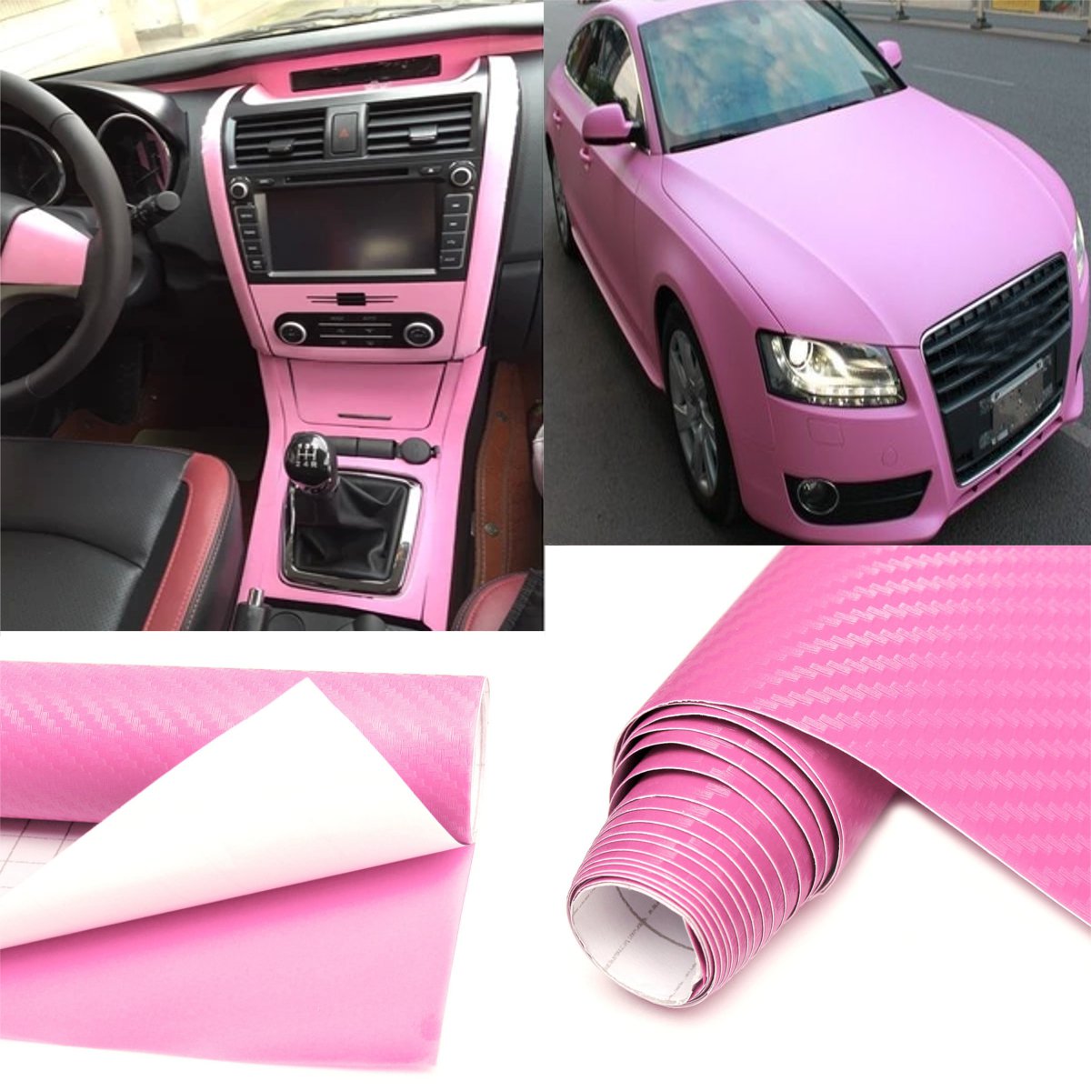 Pink 2Mx50CM DIY Gloss 3D Carbon Fiber Vinyl Wrap Roll Film Sticker 8 Colors for Car Vehicle