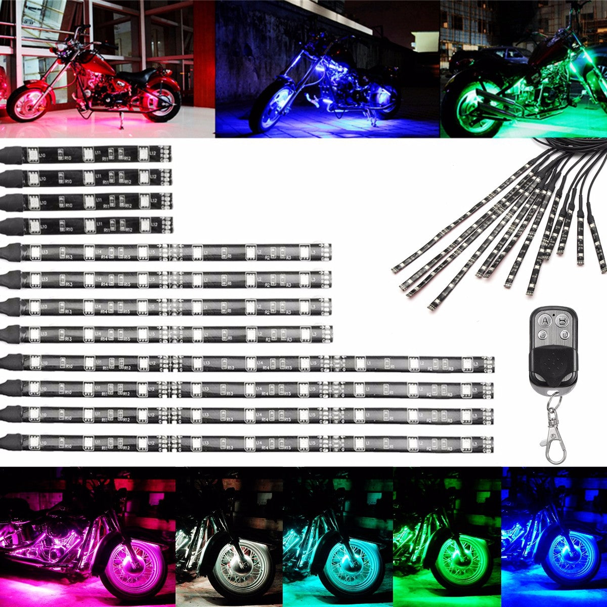 Snow MultiColor Glow Neon Wireless Remote Motorcycle 5050LED Flashing Light 12 Strips