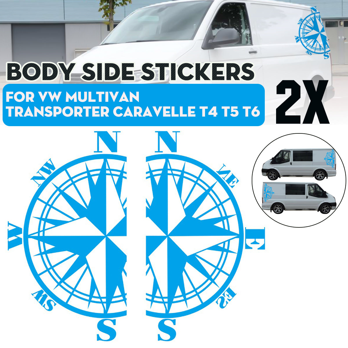 Dodger Blue 2PCS Side Stickers Decals Compass For VW Multivan Transporter Caravelle T4 T5 T6