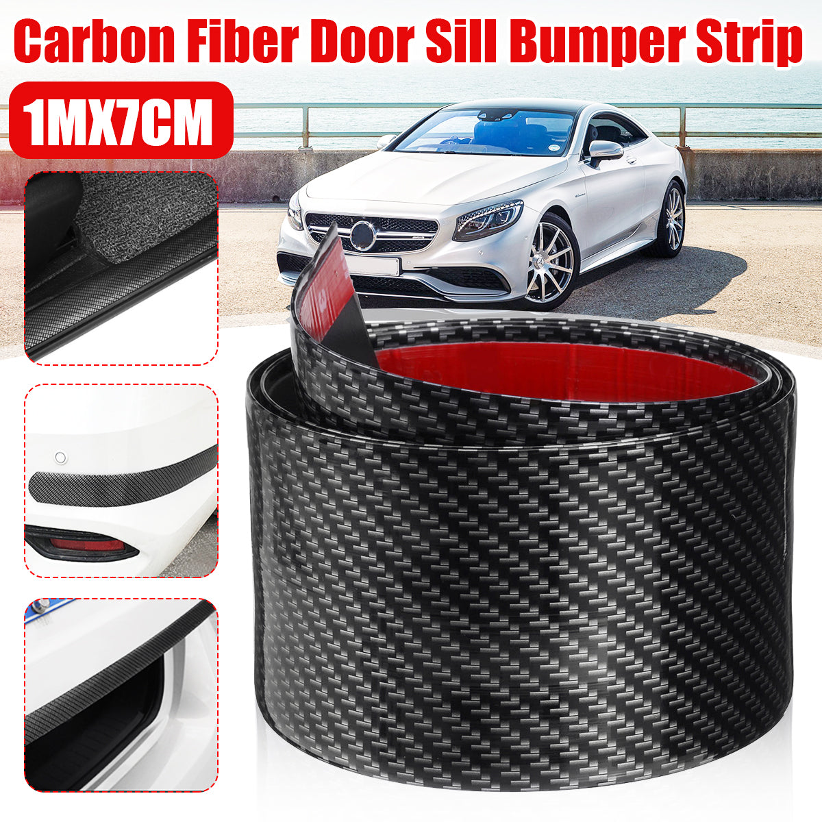 Dark Red 1M / 2.5M Car Carbon Fiber Door Sill Protector Rubber Edge Guard Strip Universal