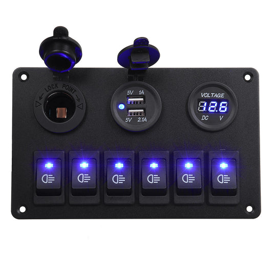 Dark Slate Blue 6 Gang Blue LED Rocker Switch Panel Car Marine Boat Circuit Dual USB Waterproof