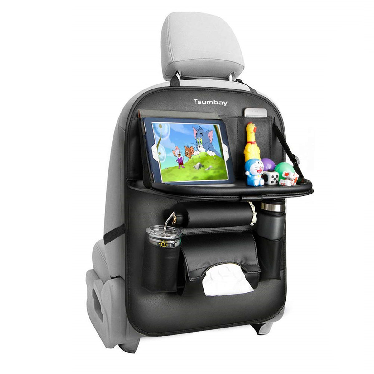 Tsumbay Car Storage Organizer Seat Back Protector 8 Pockets Kid Tablet Holder Tissue Box - Auto GoShop