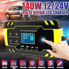 Yellow Motorcycle Car Battery Charger Smart Fast Pulse Repair Charger 12V 8A AGM Intelligent Emergency Charger with LCD Display