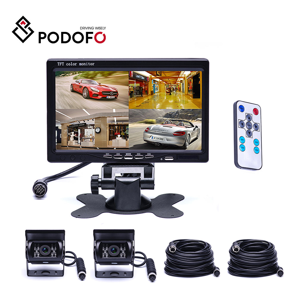 Podofo 7" Inch 4 Split Screen Car Monitor Headrest monitor 4 Channels input Use for Truck Bus Motorhome+Front/Rear View camera - Auto GoShop
