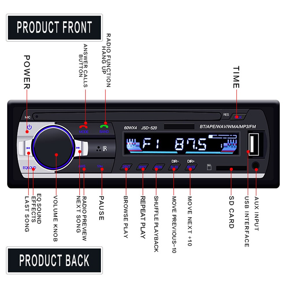Hikity Car Radio Autoradio 1 Din Bluetooth SD MP3 Player JSD-520 car stereo FM Aux Input Receiver SD USB - Auto GoShop