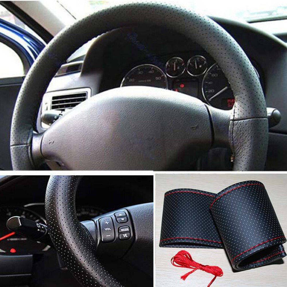 2020 1 set Black DIY 37-38cm Car Steering Wheel Cover Leather Covers for Steering-Wheel Case with Needles and Thread Car Styling - Auto GoShop