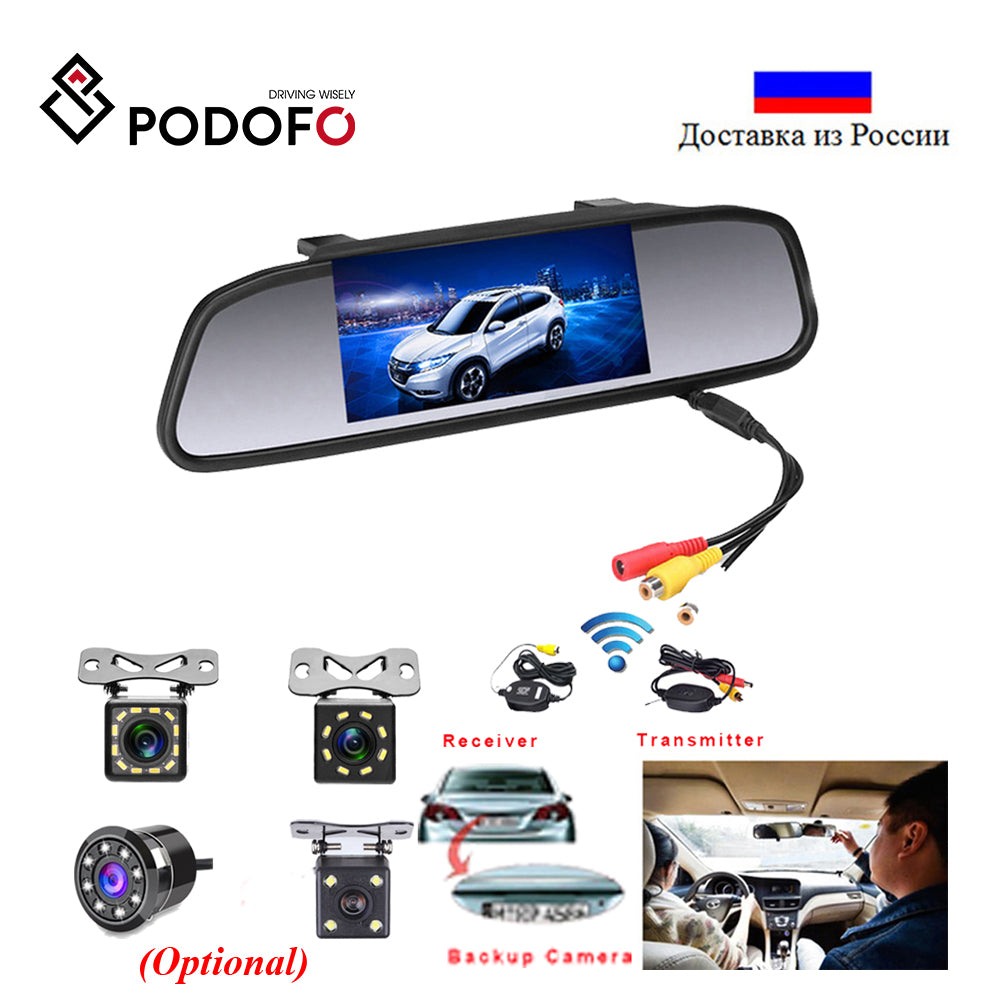 Podofo Car HD Video Auto Parking Monitor LED Night Vision Reversing CCD Car Rear View Camera With 4.3 inch Car Rearview Mirror - Auto GoShop