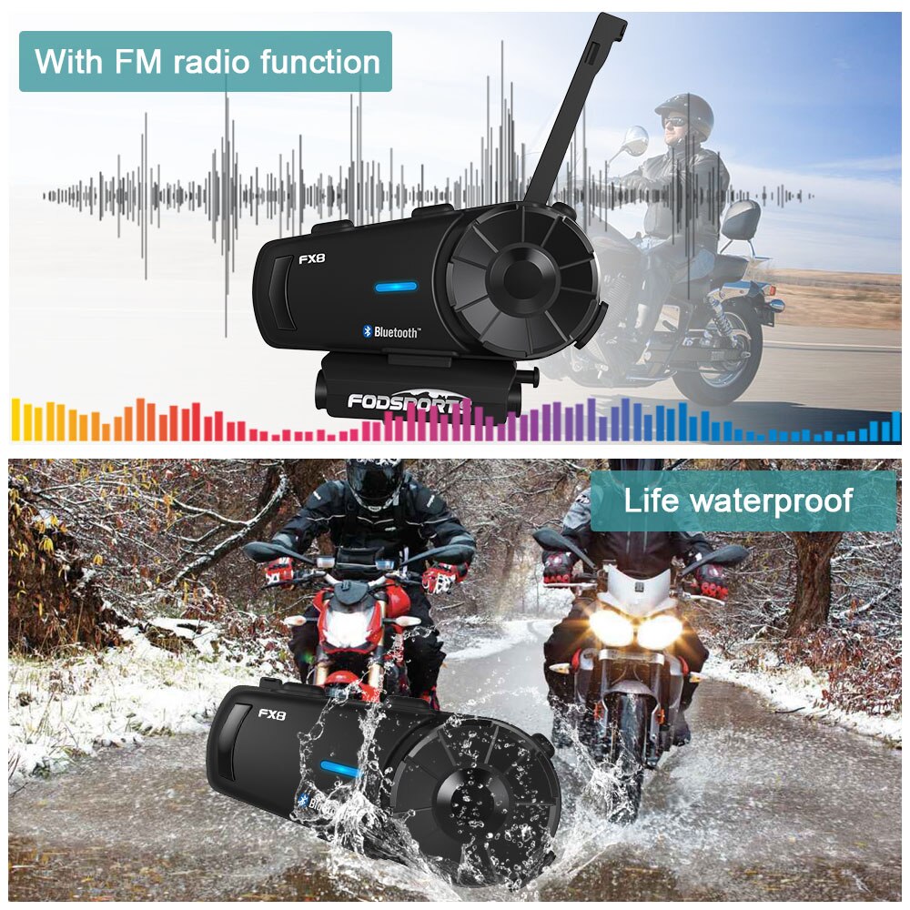Black 2pcs Fodsport FX8 Motorcycle Helmet Headset 8 Riders Group Talk 1000m Bluetooth Moto Intercom Wireless BT Interphone With FM