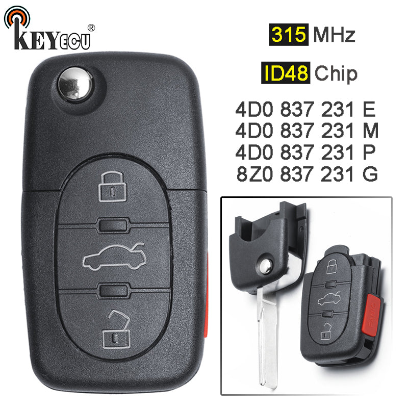Dim Gray KEYECU 315MHz ID48 P/N: 8Z0 837 231 G / 4D0 837 231 E/ M/ P Flip 3+1 4 Btn Remote Car Key Fob for Audi A2 A4 A6 A8 S8 TT Quattro