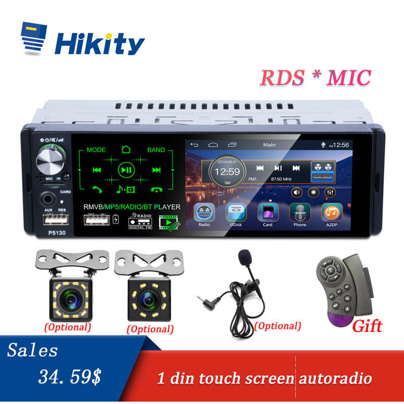 Hikity Car Radio 1 Din Car Audio 4.1" Touch Screen Car Stereo Multimedia MP5 Player Support RDS Bluetooth FM Dual USB Micphone - Auto GoShop