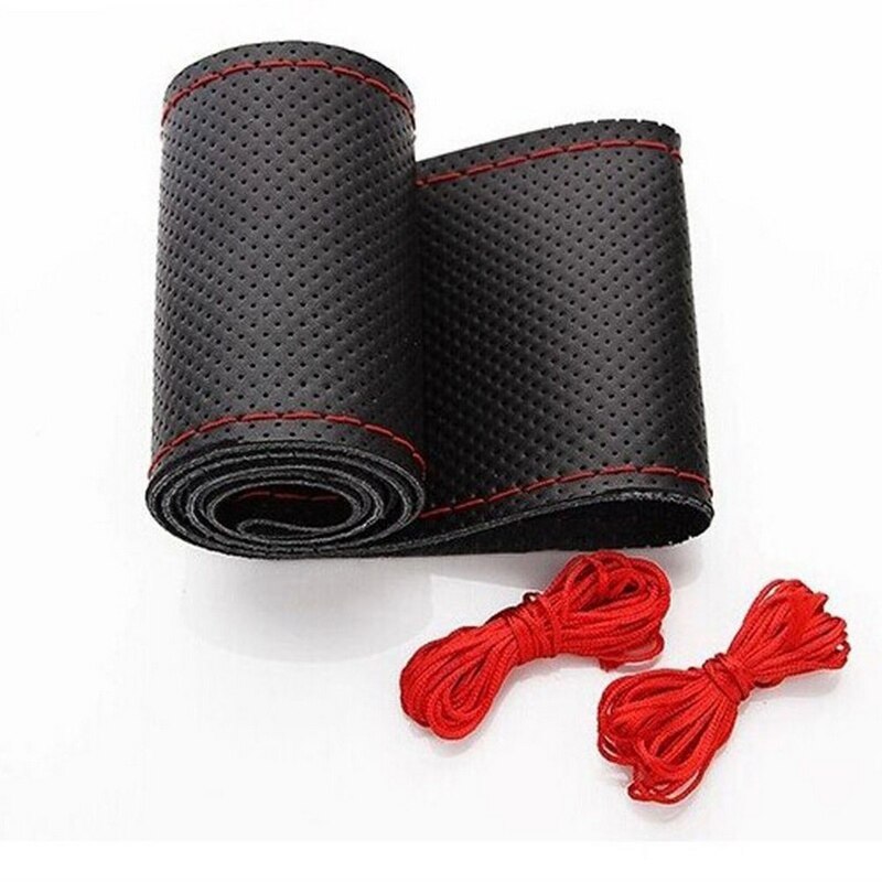 Black New Anti-slip Breathable PU Leather DIY Car Steering Wheel Cover Case With Needles and Thread