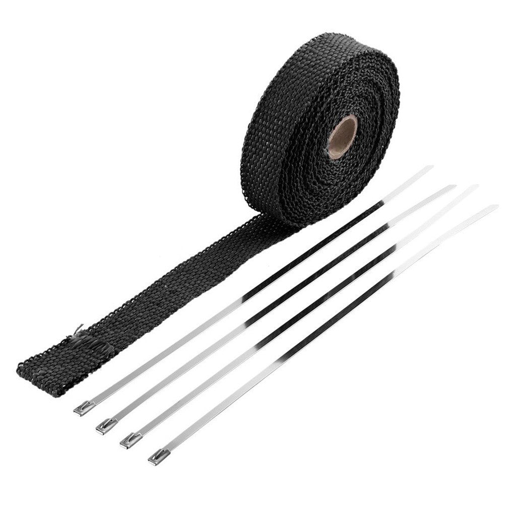 Black New 2.5CM 5M Thermal Exhaust Header Pipe Tape Heat Insulating Wrap Tape Fireproof Cloth Roll With 4 Durable Steel Ties Kit