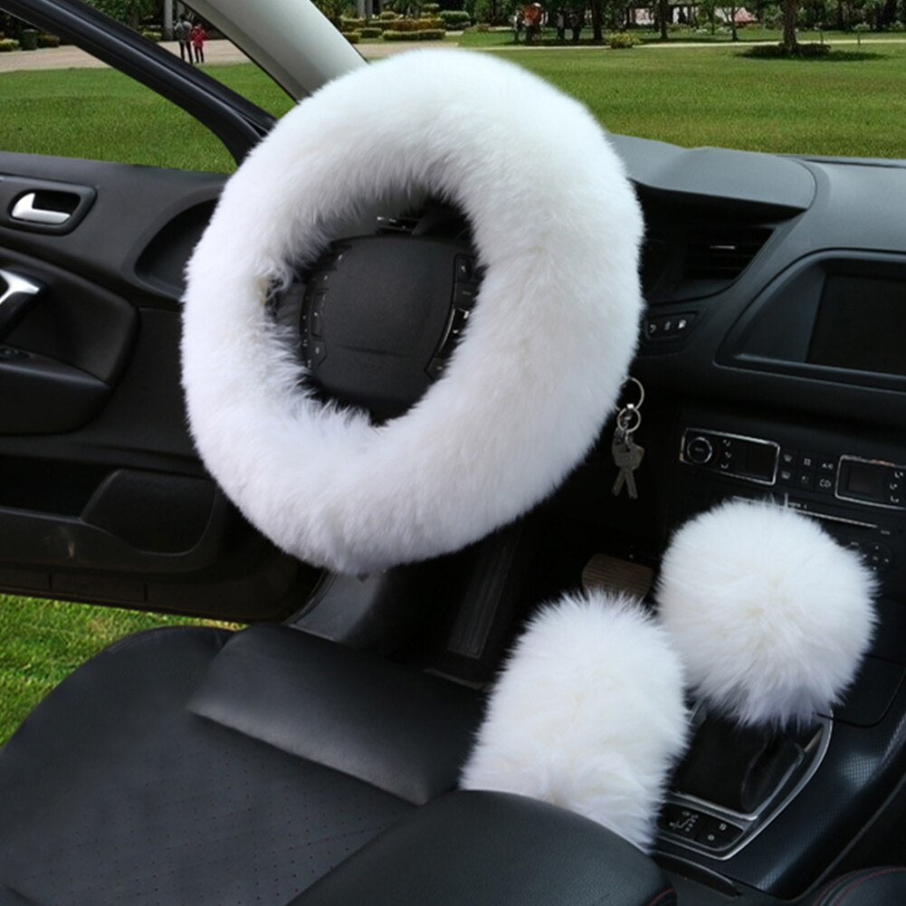 3Pcs Car Furry Steering Wheel Cover For Girls Winter Warm Plush Soft Wool Handbrake Cover Gear Shift Cover Car Accessory - Auto GoShop