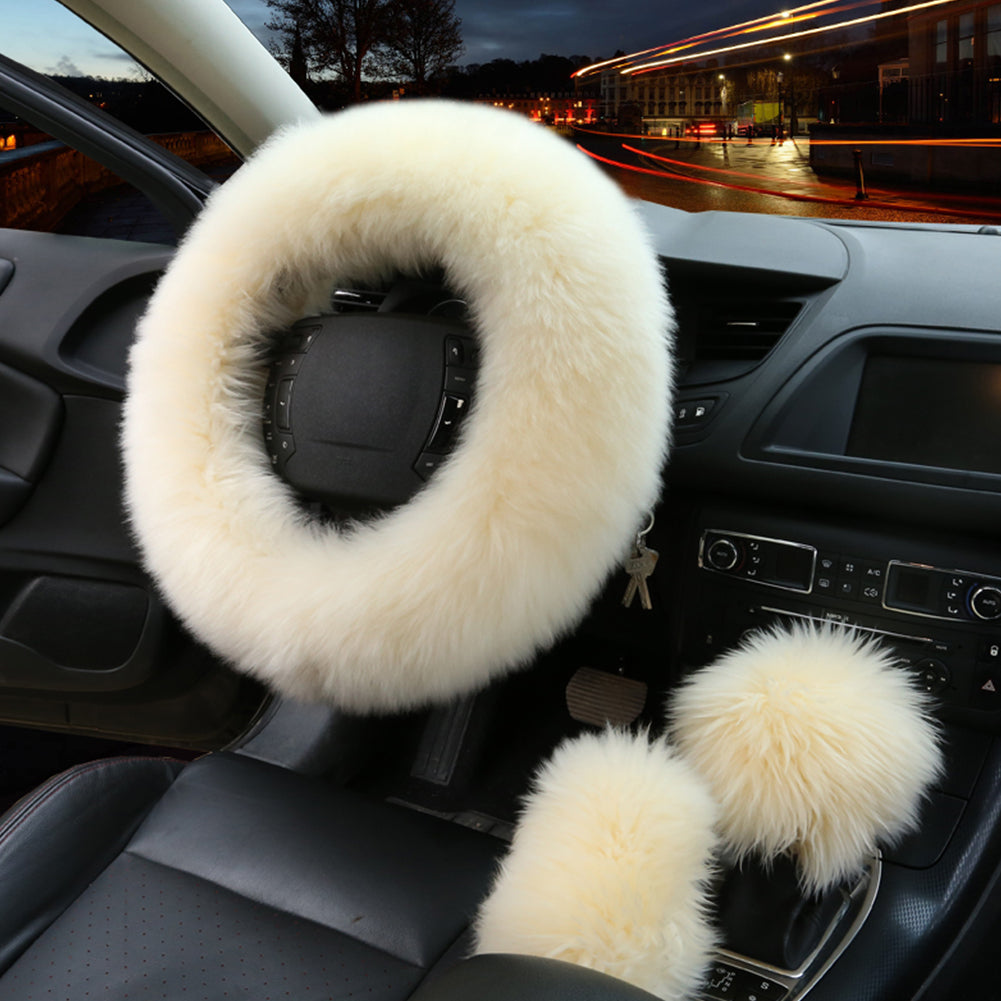 3Pcs Car Furry Steering Wheel Cover For Girls Winter Warm Plush Soft Wool Handbrake Cover Gear Shift Cover Car Accessory - Auto GoShop