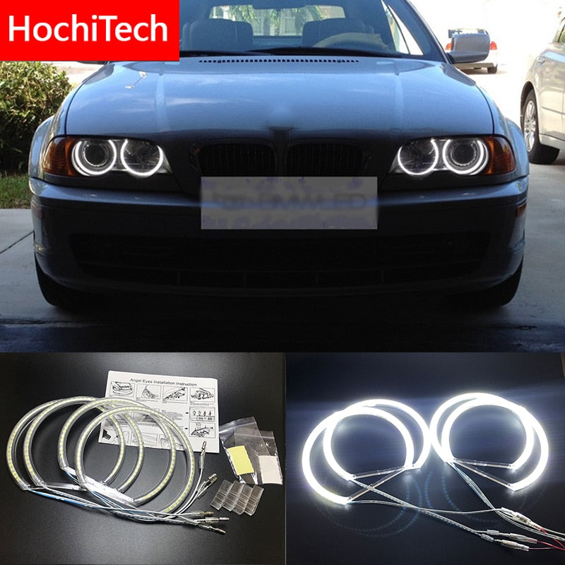 Black HochiTech for BMW E36 E38 E39 E46 projector Ultra bright SMD white LED angel eyes 2600LM 12V halo ring kit daytime light 131mmx4 (White)