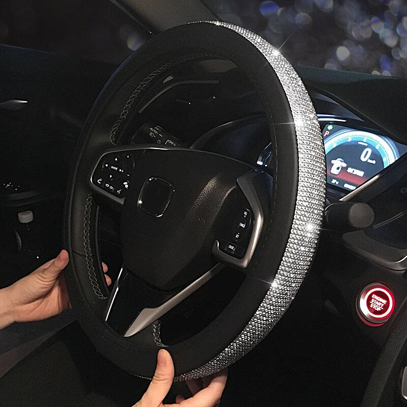 Anti-skid Steering Wheel Car Steering Wheel Crystal Sparkled Diamond Cover Leather Skidproof Bling Steering Wheel Holster (As Picture) - Auto GoShop
