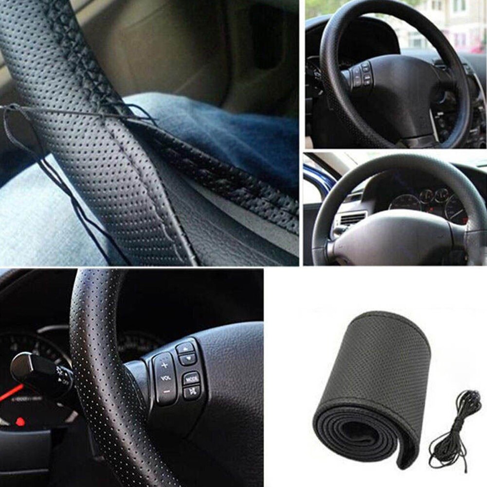 2020 1 set Black DIY 37-38cm Car Steering Wheel Cover Leather Covers for Steering-Wheel Case with Needles and Thread Car Styling - Auto GoShop