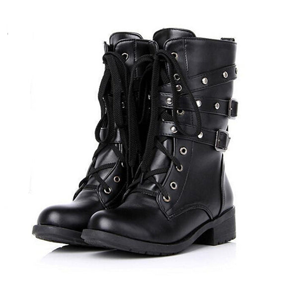 Black Motorcycle Boots Women Cool Goth Punk AnkleMilitary Lace-up Black