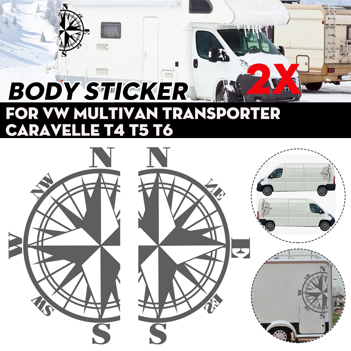 White Smoke 2PCS Side Stickers Decals Compass For VW Multivan Transporter Caravelle T4 T5 T6