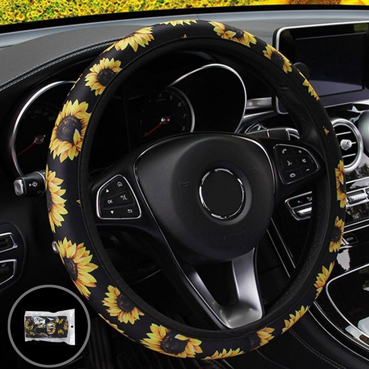 38cm Car Steering Wheel Covers Protector Glove Plush Sunflower + Shoulder Sleeves - Auto GoShop