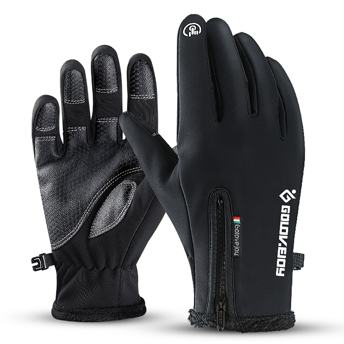 Dark Slate Gray Touch Screen Gloves Zipper Thermal Winter Sports Skiing Warm Mittens PU Leather Black