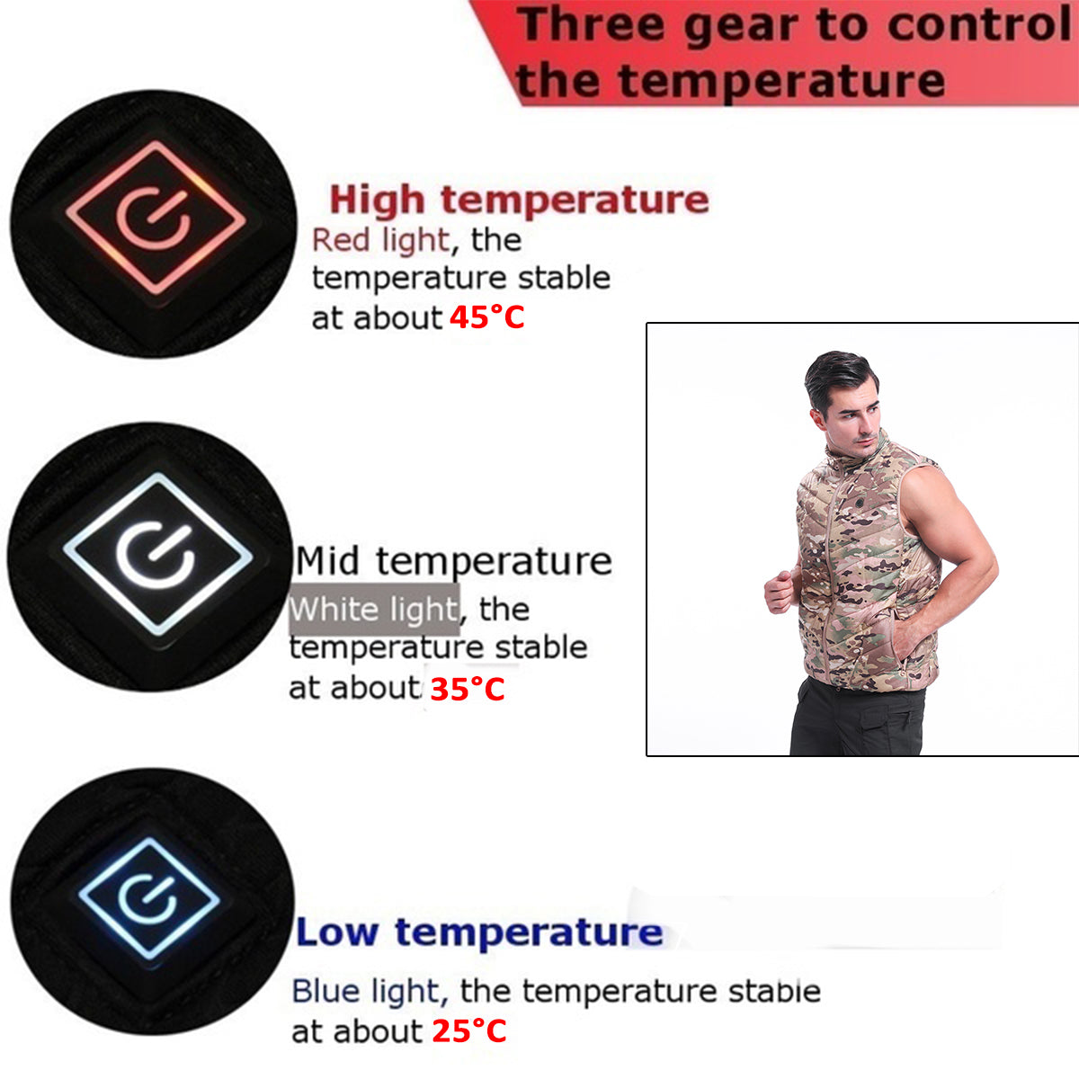 White Smoke USB Security Three-speed Thermostat Electric Vest Camouflage Outdoor Sports Warm