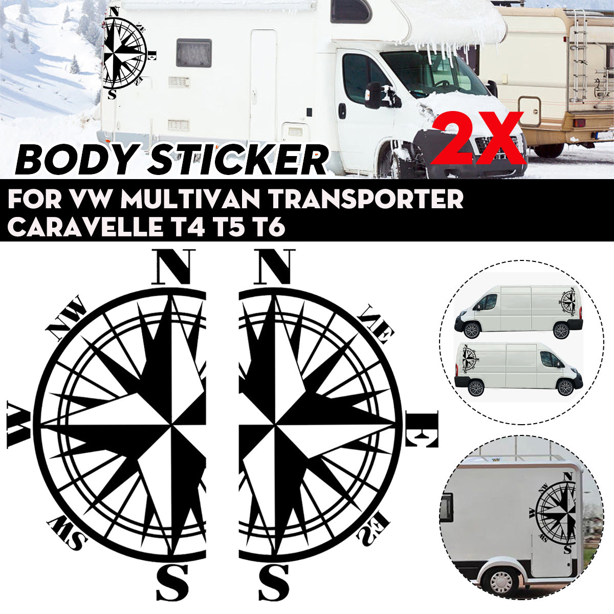 Black 2PCS Side Stickers Decals Compass For VW Multivan Transporter Caravelle T4 T5 T6