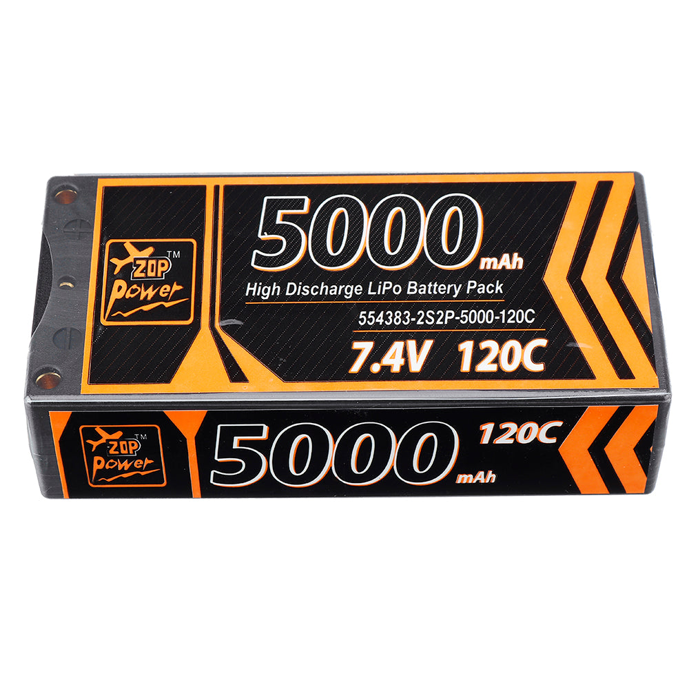 Black ZOP Power 7.4V 5000mAh 120C 2S Lipo Battery T Deans Plug Hard Case for RC Car