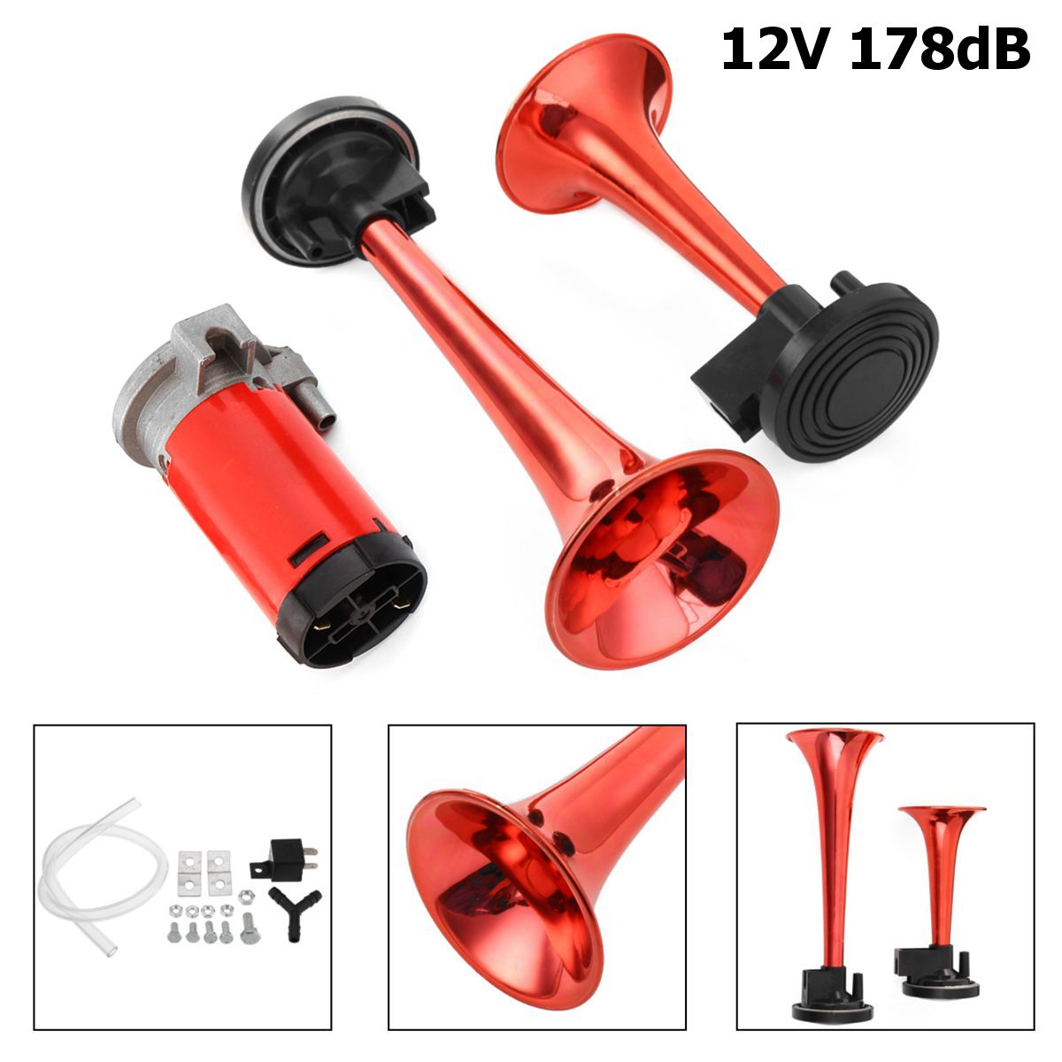 Orange Red 12V 178DB Air Horn Dual Trumpet Ultra Loud Universal For Train Trailer Truck Motorcycle