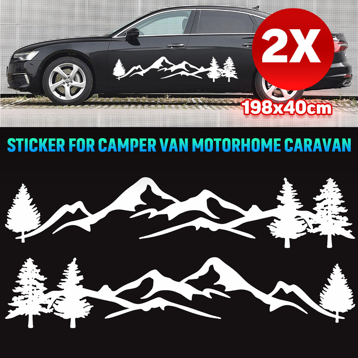 Black 2pcs Side Body Stickers Decal Mountain & Tree For Camper Van Motorhome Car Caravan Boat