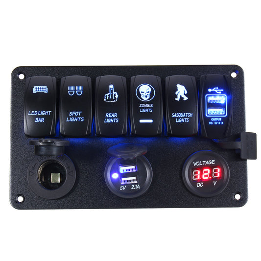 Midnight Blue 12-24V 6 Gang LED Rocker Switch Panel USB Charger Voltmeter Circuit Breaker For Motorcycle Car Boat