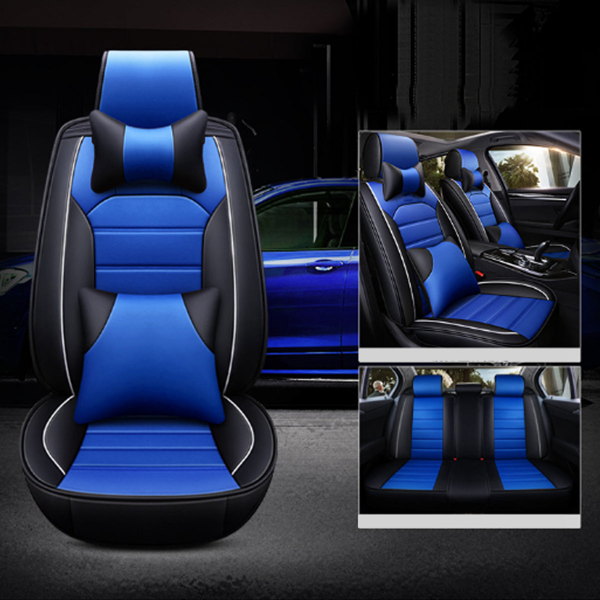 PU Leather Seat Cover Front Rear Full Set with Headrest Waist Cushion Universal for 5-Seat Car - Auto GoShop