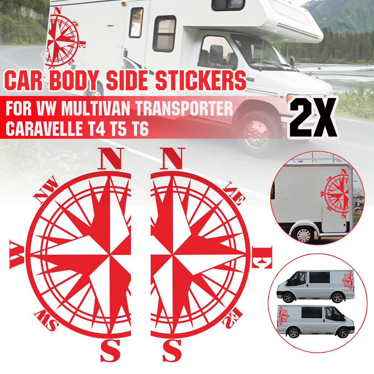 Firebrick 2PCS Side Stickers Decals Compass For VW Multivan Transporter Caravelle T4 T5 T6