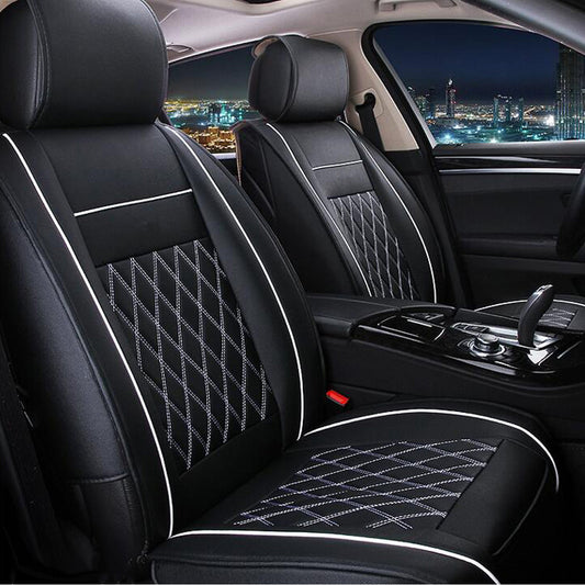 7PCS PU Leather Car Seat Cushion Cover Protector Set for 5 Seat Cars Black White Universal - Auto GoShop