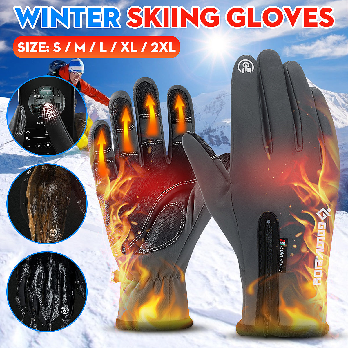 Brown Adults Touch Screen Gloves Zipper Thermal Winter Sports Warm Motorcycle Full Finger Mittens