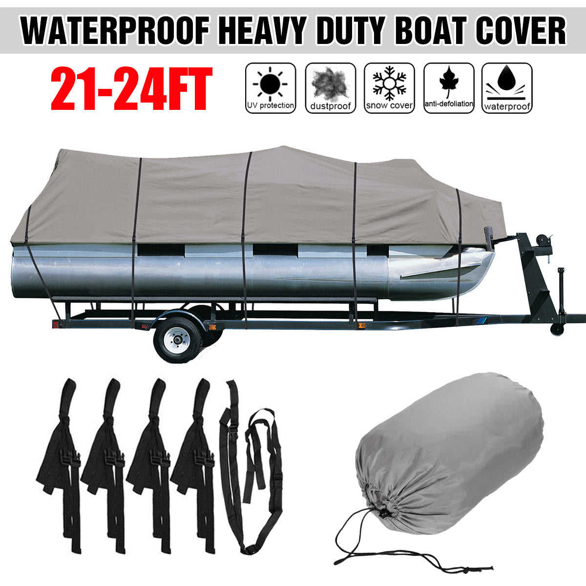 Dark Gray 17-20Ft 21-24Ft Heavy Duty 210D Waterproof Pontoon Boat Cover Fish Ski Beam 96"