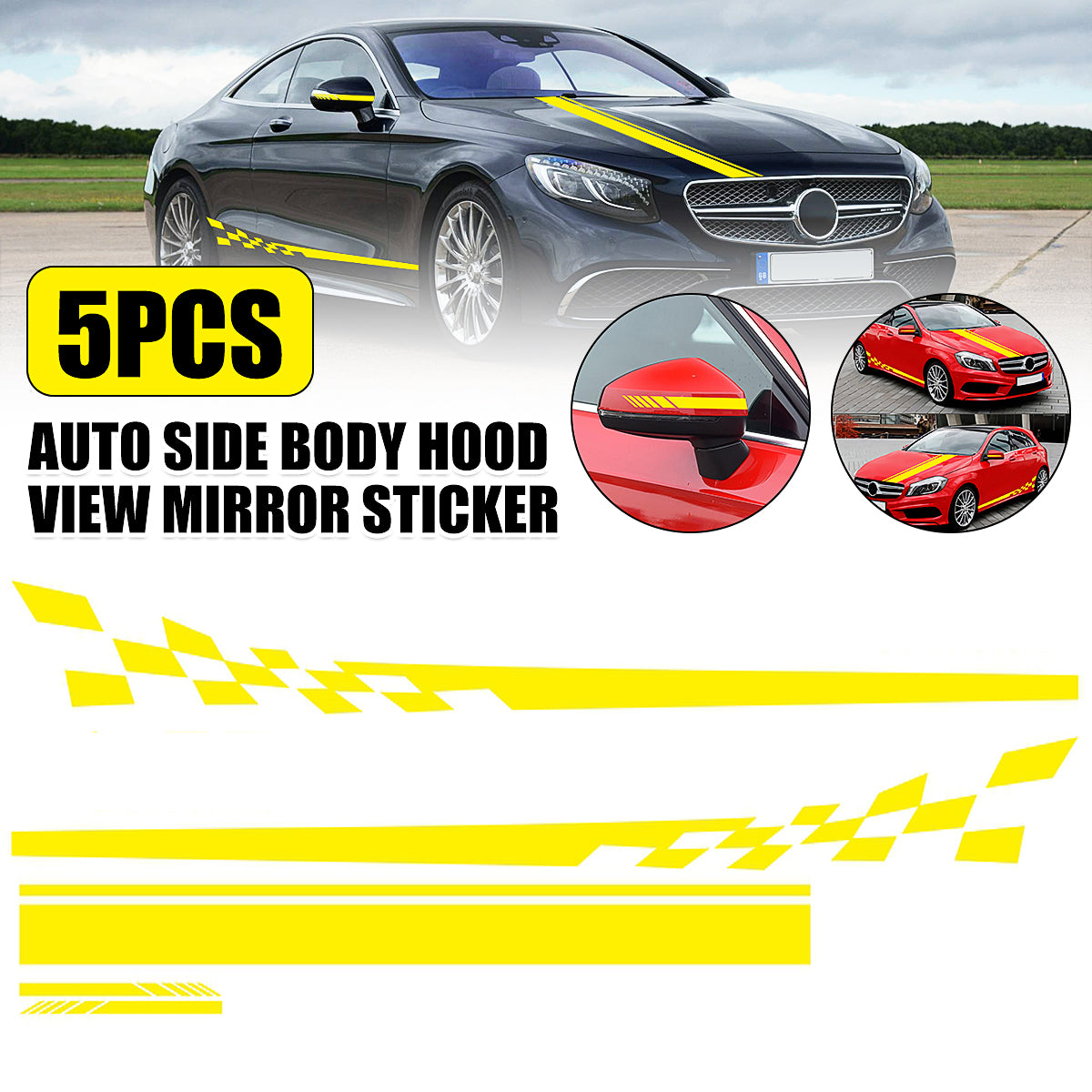 Yellow 5pcs Car Stickers Stripes Graphics Side Body Hood Rearview Mirror Decal Trim