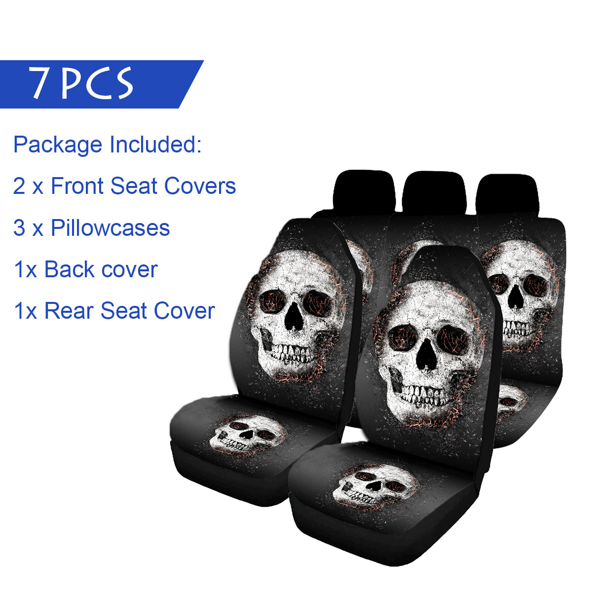 1/2/7PCS Car Seat Cover Set Universal Fit Skull Pattern Seat Protection Cover - Auto GoShop