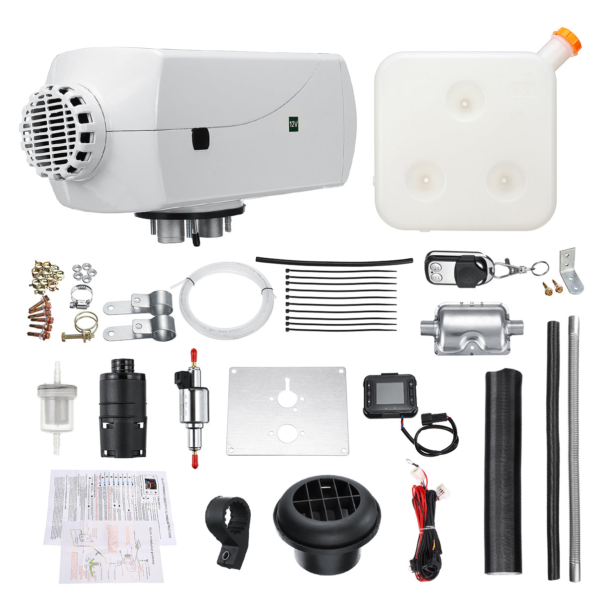 Gray 12V 8KW Diesel Air Heater Kit with LCD Switch Remote Control Silencer 10L Tank White
